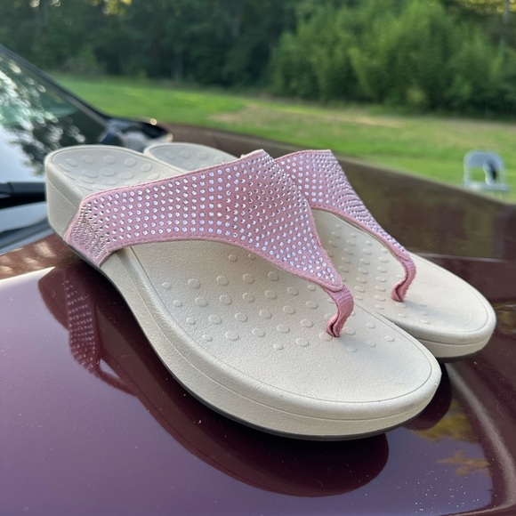 Vionic Pink Tan Sandals with Rhinestone Embellishments - Picture 1 of 6